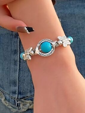 Silver Butterfly Turquoise Bead Bracelet - SILVER PL ATED ..Women Jewelry